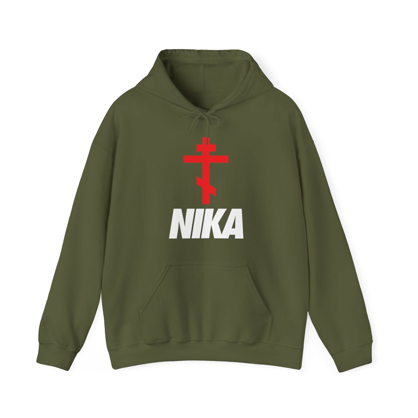 NIKA Red Russian Cross White Text | NIKE Logo Mashup | Minimalist Corporate Sports Logo Aesthetic | Orthodox Christian Hoodie / Hooded Sweatshirt-Military Green-S-Remembrance of Death