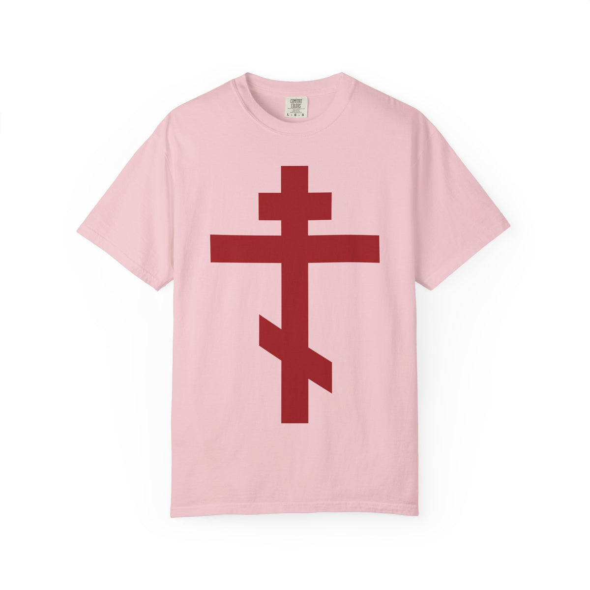 Blossom Red Orthodox Cross | Preserve Thy People By Thy Cross, O Lord t-shirt with a large red Orthodox cross.