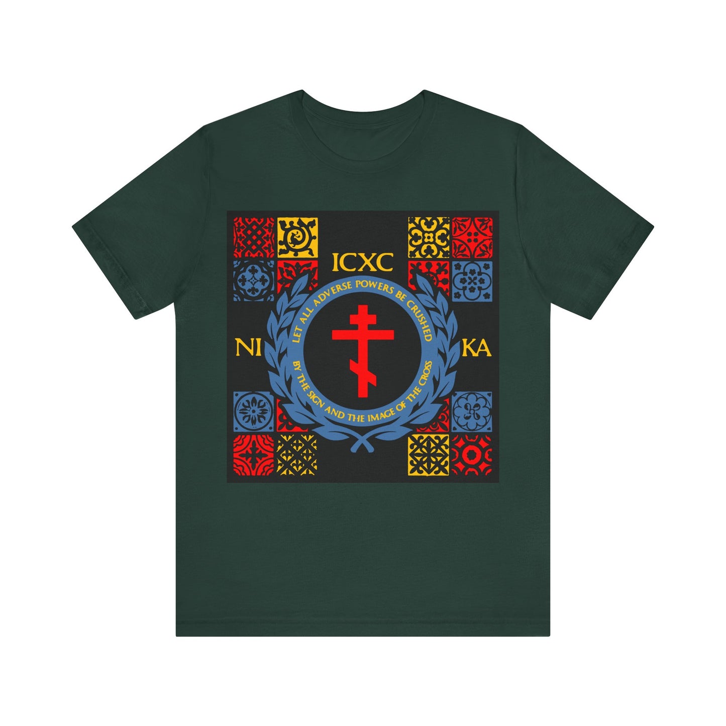 Let All Adverse Powers Be Crushed (Red, Yellow & Blue Design) | ICXC NIKA | Medieval Tile Design | Orthodox Christian T-Shirt