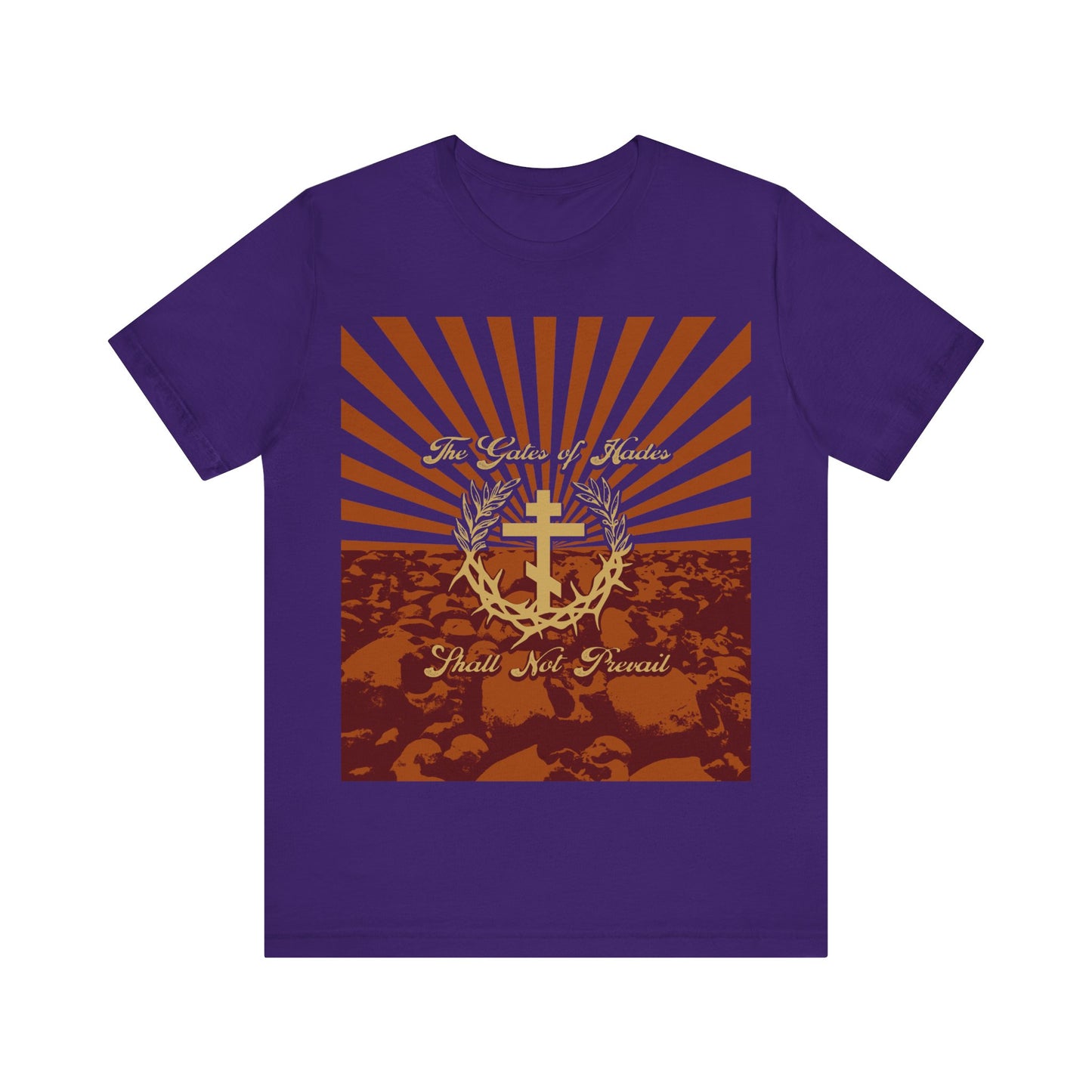 The Gates of Hades Shall Not Prevail | Cross with Wreath & Crown of Thorns | Skulls and Rays | Orthodox Christian T-Shirt