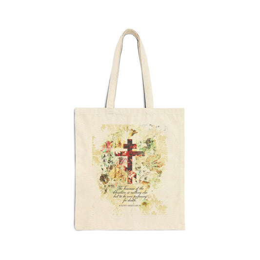 Preparing For Death | White & Beige Floral Scrapbook Texture Cross | Arts & Crafts Style | St Irenaeus | Orthodox Christian Tote Bag