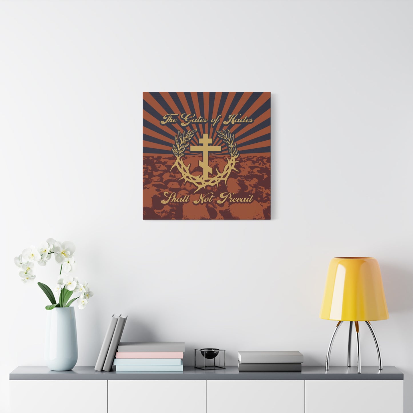 The Gates of Hades Shall Not Prevail | Cross with Wreath & Crown of Thorns | Skulls and Rays | Orthodox Christian Canvas Art