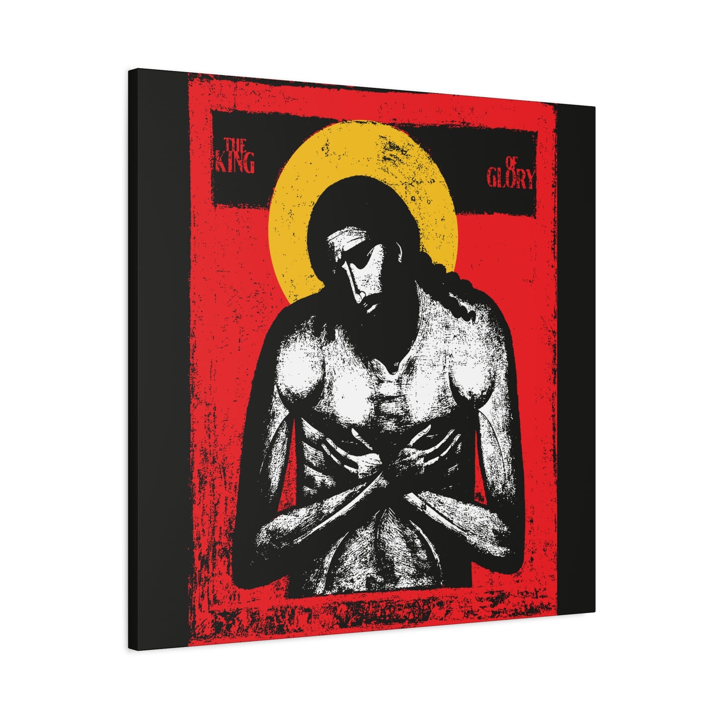 The King of Glory Jesus Christ "Extreme Humility" IconoGraphic features stylized art with arms crossed, yellow halo, red background, and “The King of Glory” text—a Christian wall art inspired by Isaiah 53’s message.