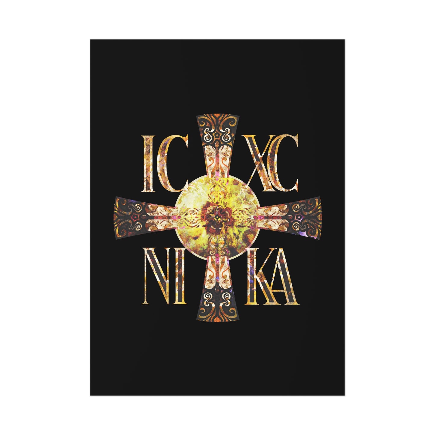 ICXC NIKA Celtic Style Equal Armed Cross | Bright Solar Texture | Orthodox Christian Art Poster