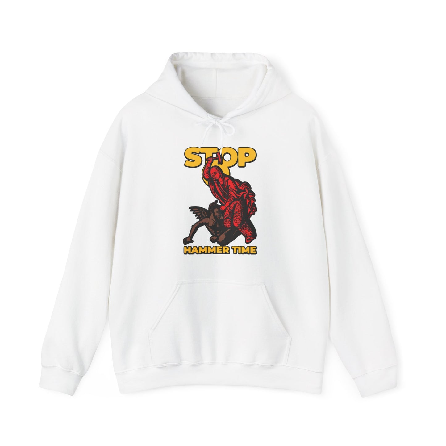 White hoodie with a red St Marina of Antioch beating the devil with a hammer, yellow text "STOP HAMMER TIME"—a modern Orthodox meme in red, blue, and yellow. Christian design inspired by courage.