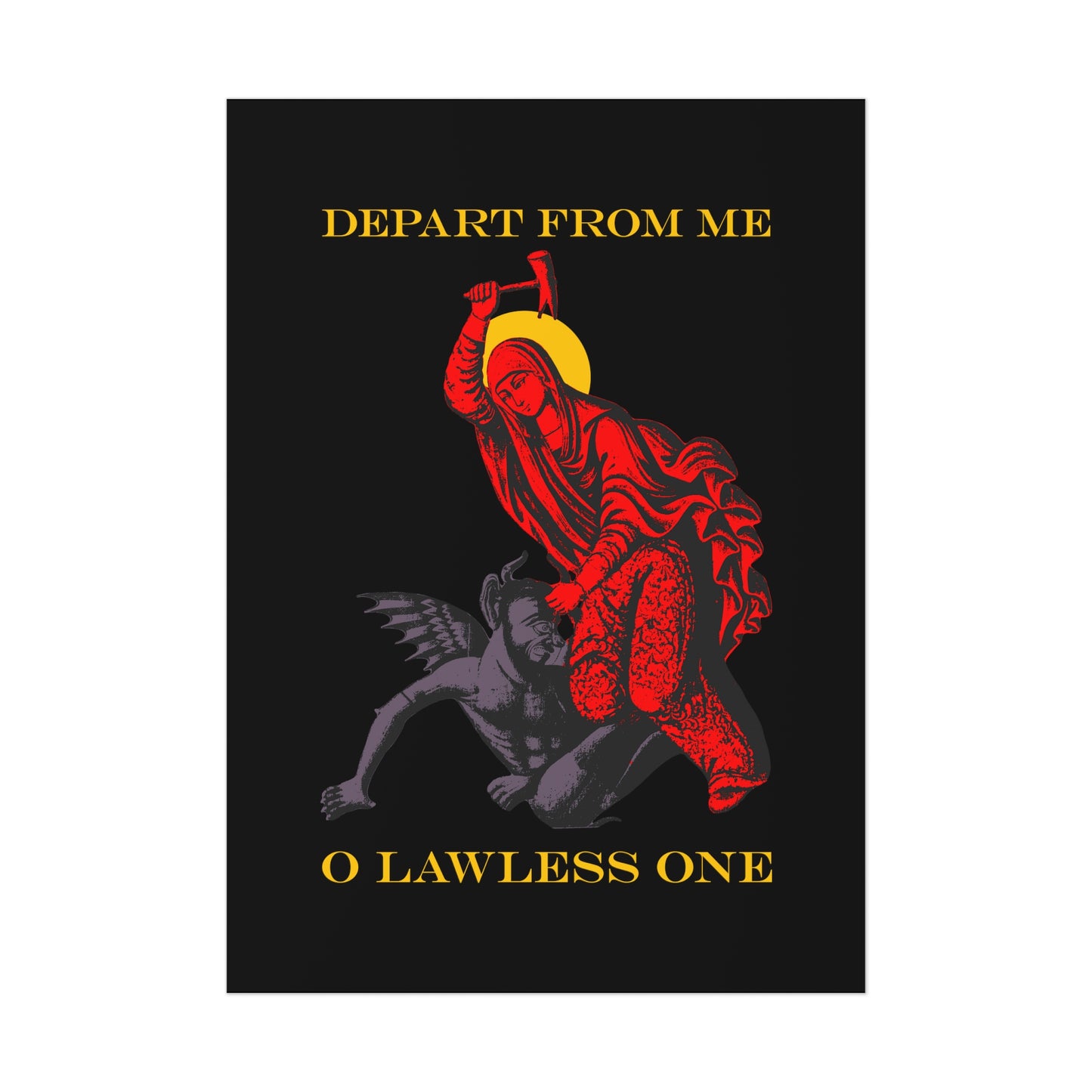 St Marina IconoGraphic (Depart from Me O Lawless One) | Saint Beating the Devil with a Hammer | Bestselling Orthodox Christian Art Poster