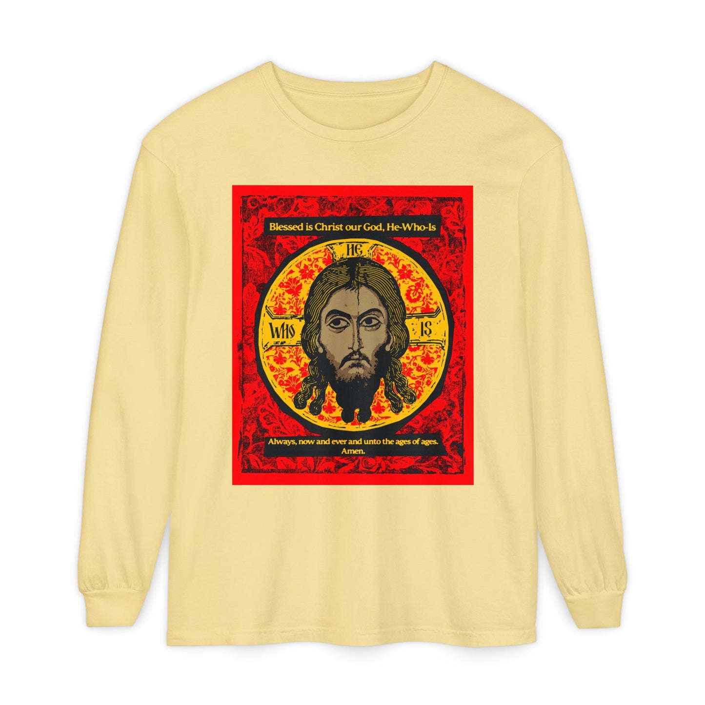 The Made Without Hands long sleeve shirt by Remembrance of Death features a red, black, and yellow Jesus Christ Orthodox icon (Image of Edessa) with surrounding text: "Blessed is Christ God, He-Who-Is and Always, now and ever and unto the ages of ages.