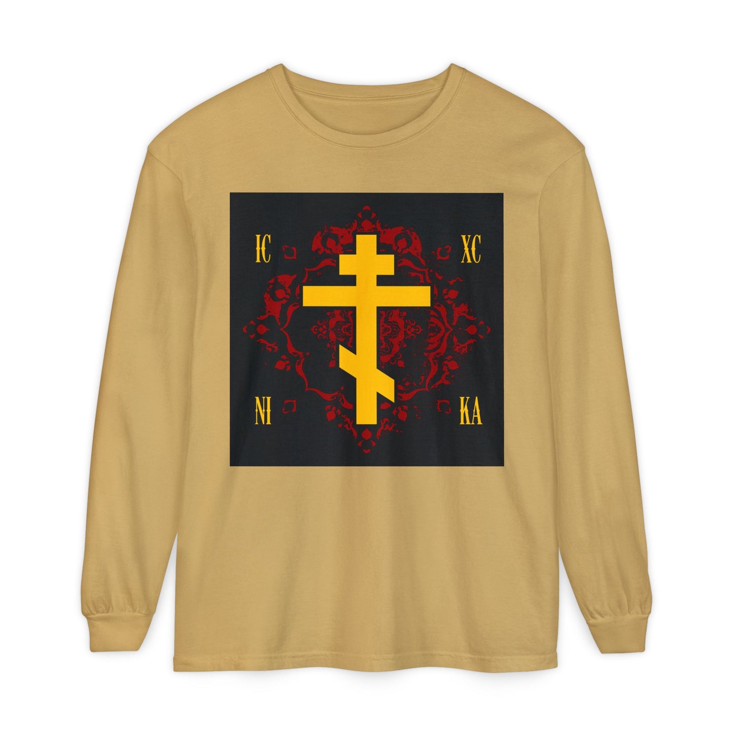 Mustard long-sleeve shirt featuring a yellow Russian cross on an ornate red background. ICXC NIKA design proclaims “Jesus Christ Conquers” for Orthodox Christians.
