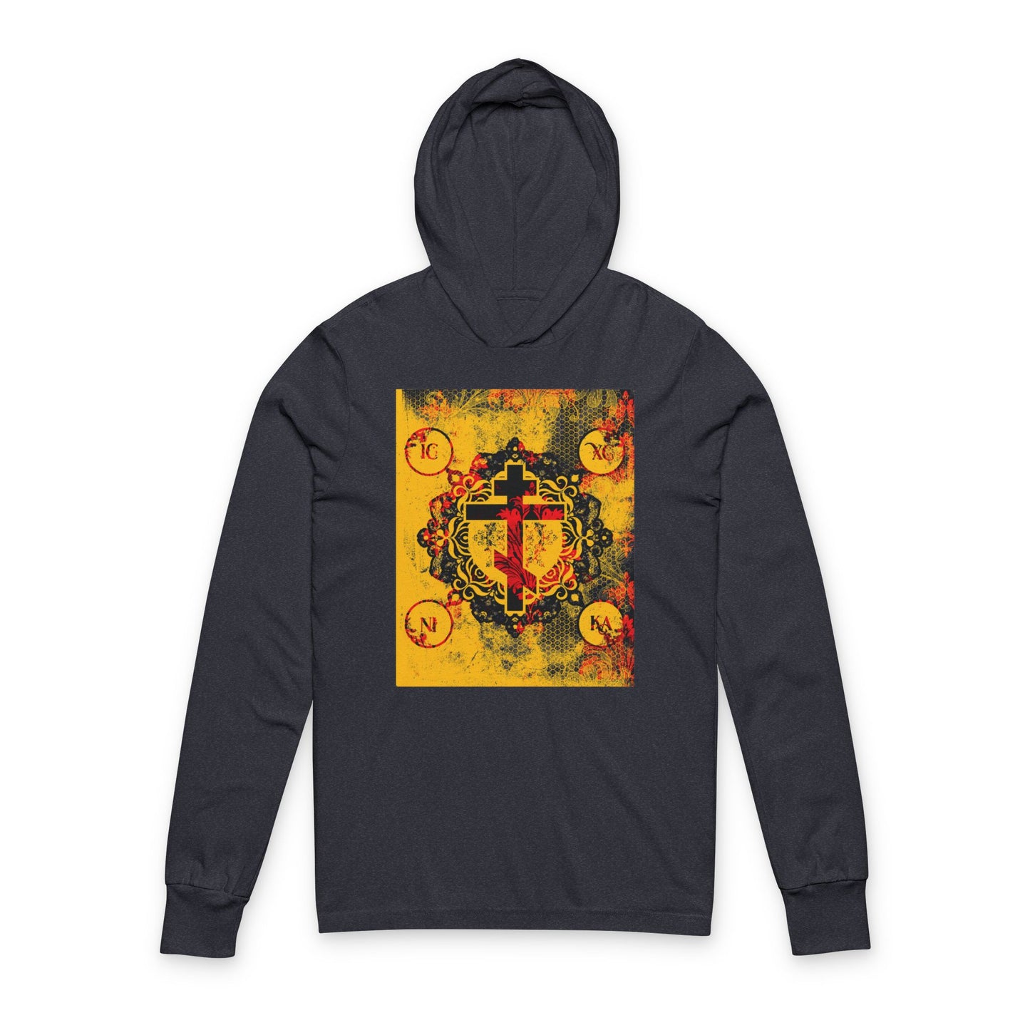 IC XC NIKA Orthodox Cross | Yellow & Red Modern & Medieval Textured Floral Design | Orthodox Long Sleeve Hooded Shirt