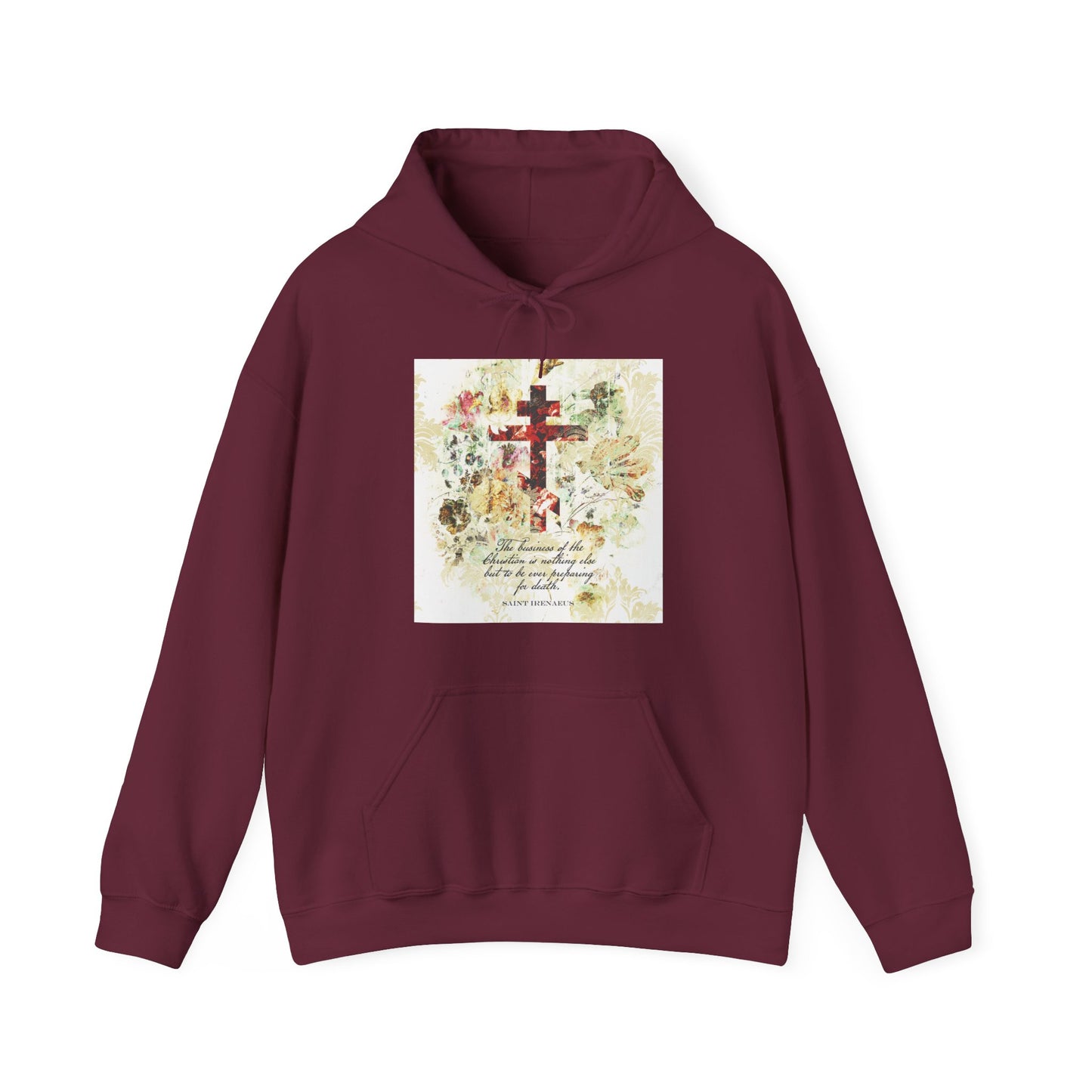 Preparing For Death | White & Beige Floral Scrapbook Texture Cross | Arts & Crafts Style | St Irenaeus | Orthodox Christian Hoodie