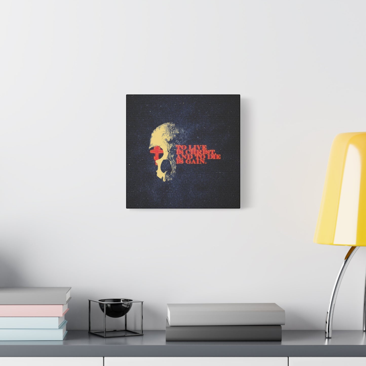 To Live is Christ and to Die is Gain | Phil 1:21 | Retro Texture | Glowing Letters and Cross with Skull | Orthodox Christian Canvas Art