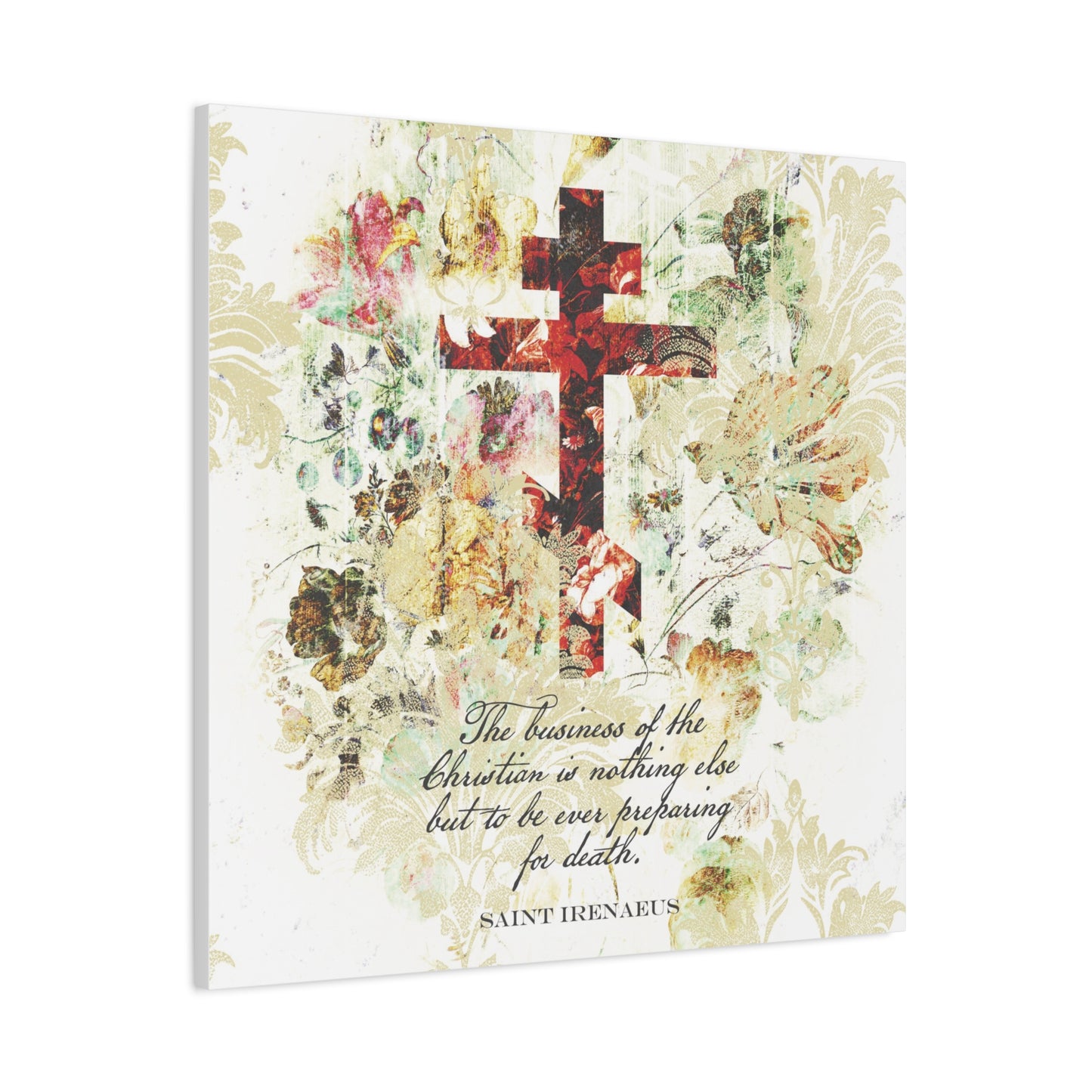 Preparing For Death | White & Beige Floral Scrapbook Texture Cross | Arts & Crafts Style | St Irenaeus | Orthodox Christian Canvas Art