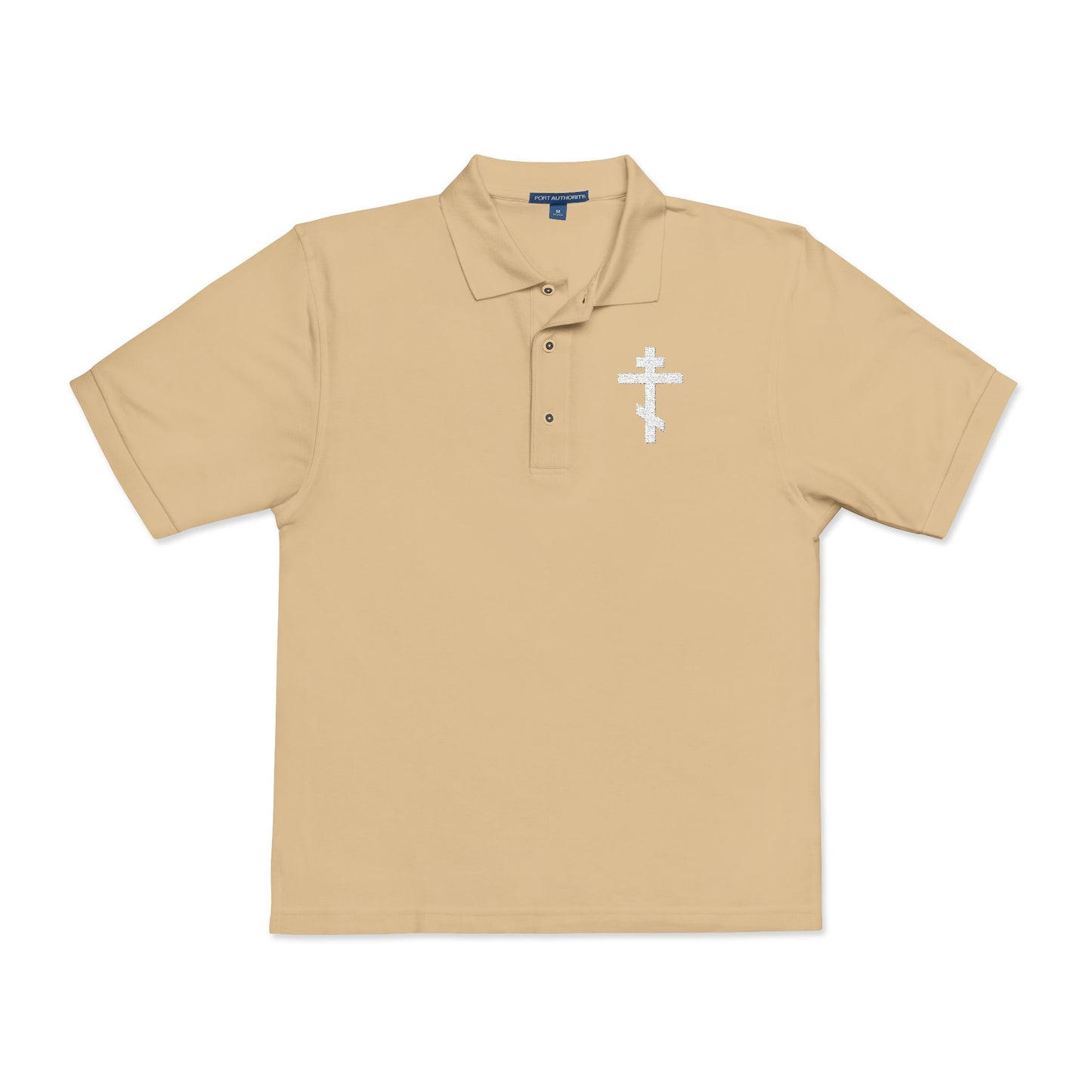 Embroidered White Orthodox Cross | "May I never boast, except in the cross of our Lord Jesus Christ" (Gal 6:14) | Christian Polo Shirt