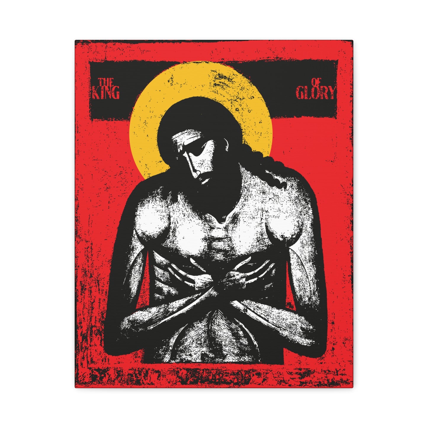 Icon-style image of Jesus Christ with arms crossed, yellow halo, and red background featuring "The King of Glory Extreme Humility"—a devotional Christian wall art inspired by Isaiah 53.