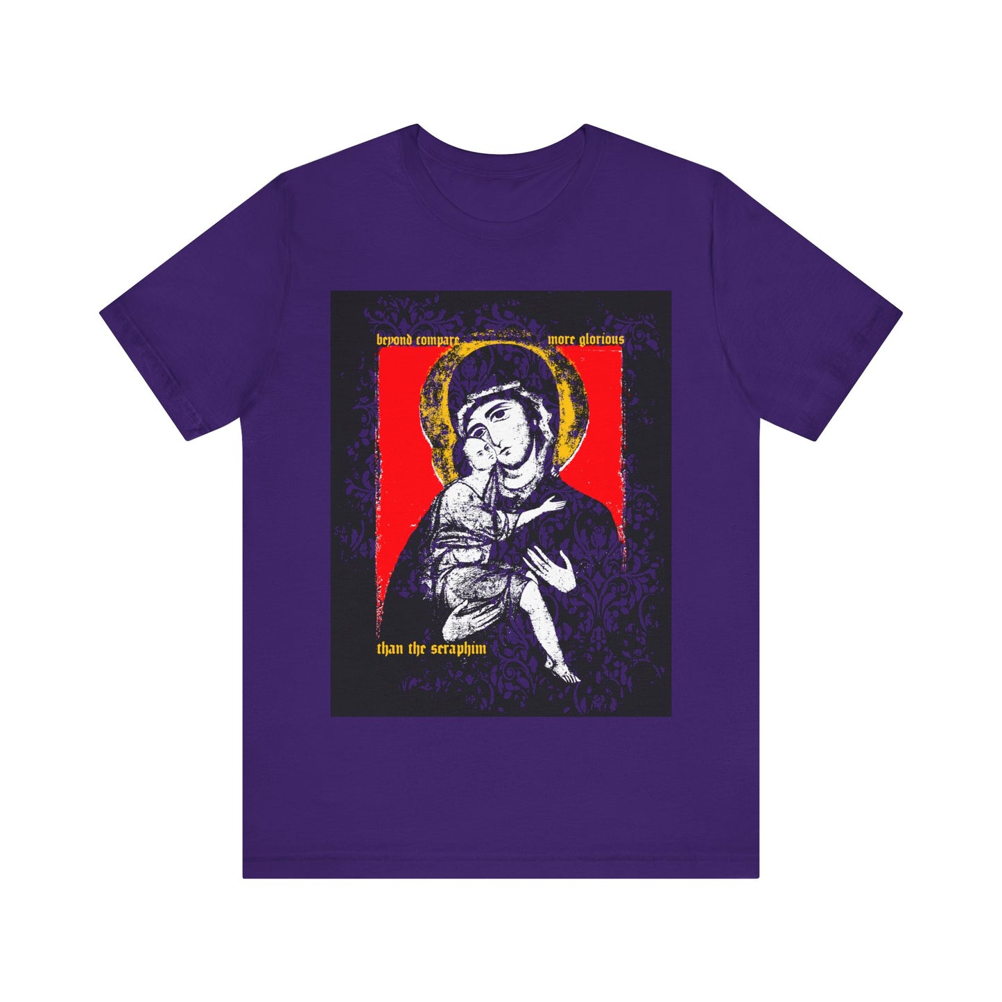 Team Purple "Beyond Compare More Glorious Than the Seraphim" Orthodox Christian t-shirt, featuring a Vladimir Theotokos icon of Mary and Jesus with golden halos, decorative text, and a nod to salvation.