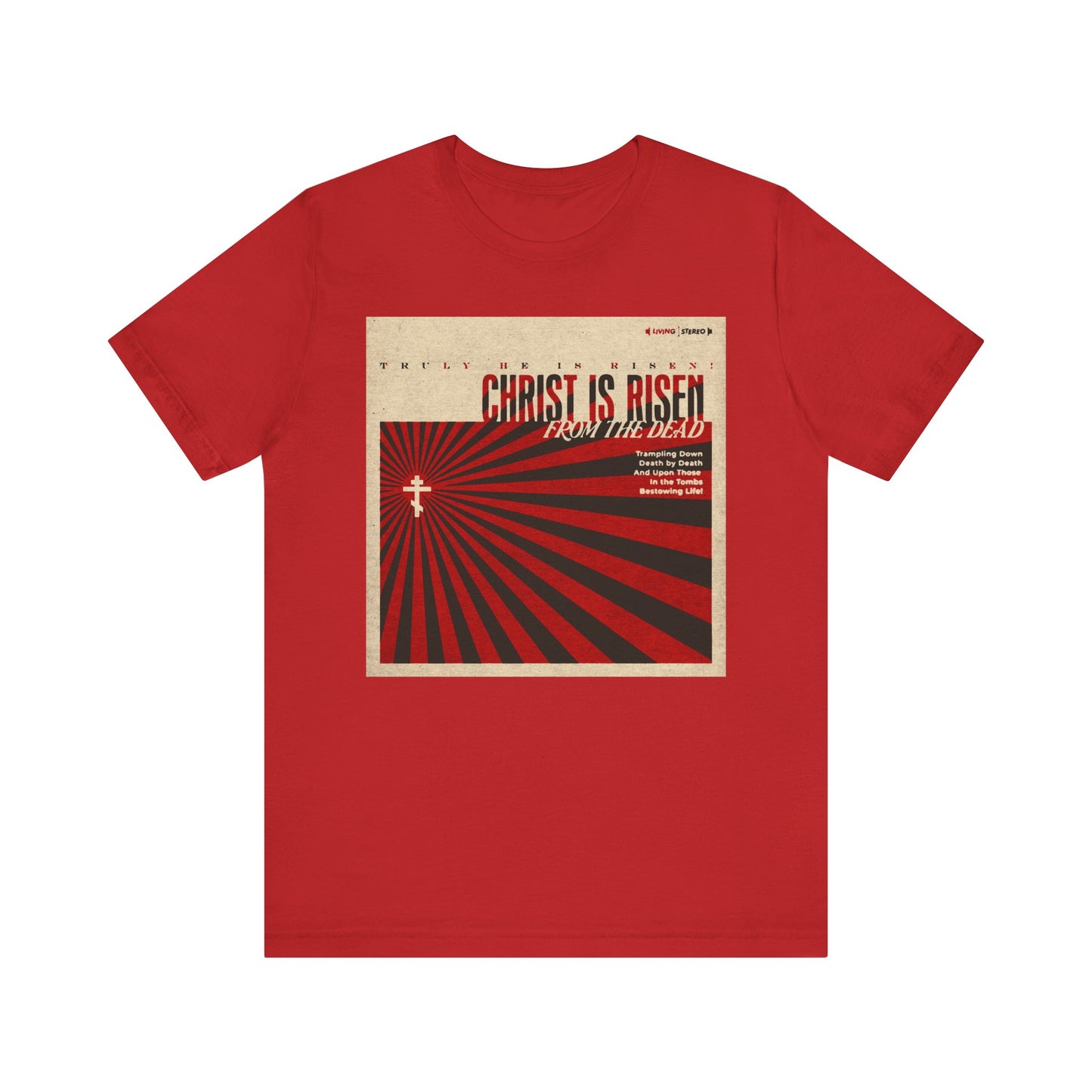 Red Orthodox Christian unisex tee with retro LP cover design, featuring "Christ is Risen from the Dead" Paschal Troparion text and cross graphic, celebrating Christ's resurrection and victory over death. Lightweight cotton.
