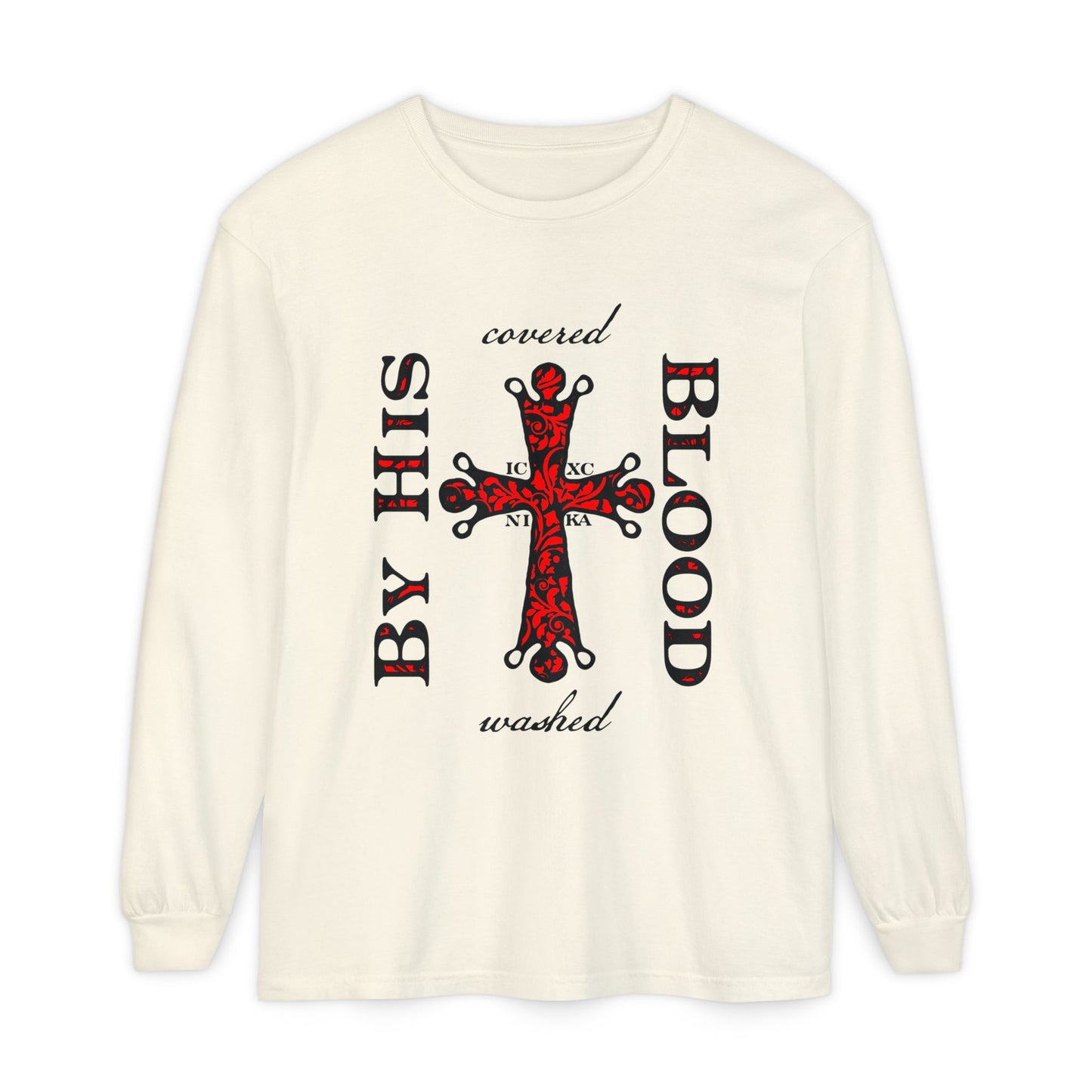 Washed/Covered By His Blood (1 John 1:7) | ICXC NIKA Ornate Red Orthodox Cross | Orthodox Christian Long Sleeve Shirt