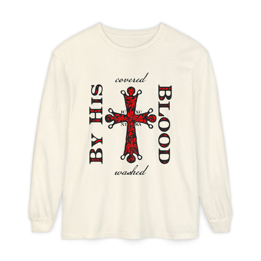 Washed/Covered By His Blood (1 John 1:7) | ICXC NIKA Ornate Red Orthodox Cross | Orthodox Christian Long Sleeve Shirt