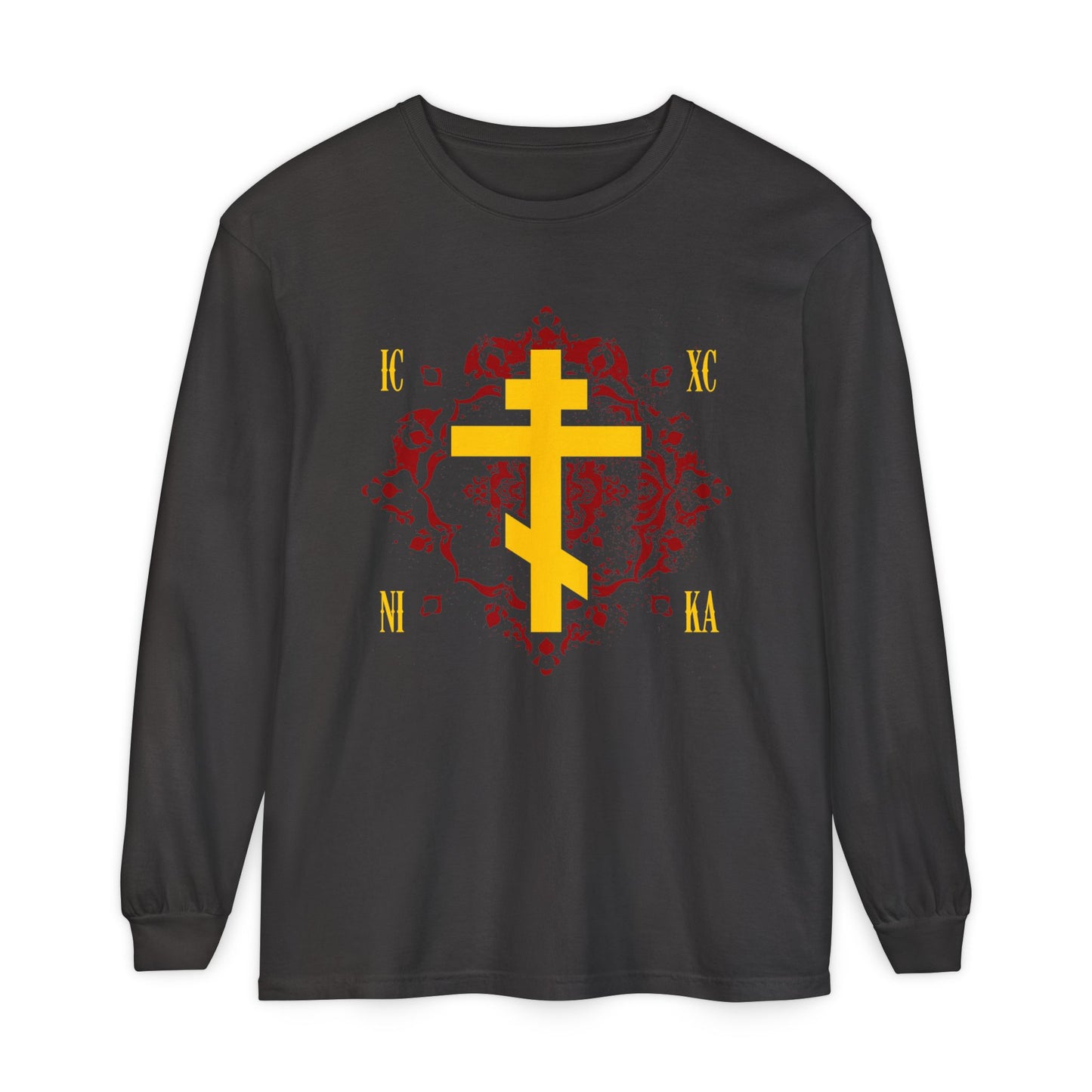 Graphite long-sleeve shirt featuring a yellow ICXC NIKA Russian cross on an ornate red background, with Cyrillic letters and “Jesus Christ Conquers” design, inspired by Orthodox Christian tradition.
