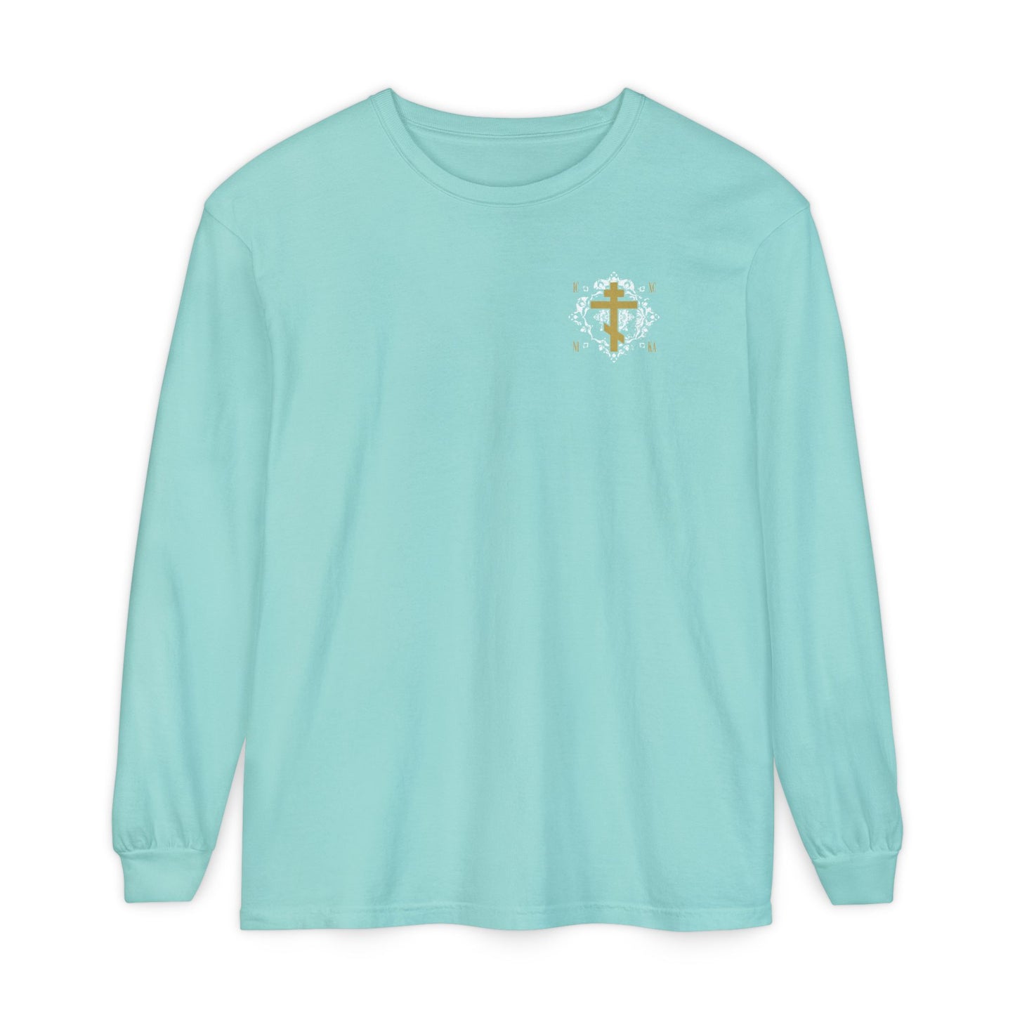 Gold Orthodox Cross ICXC NIKA  (Small Design) | White Medieval Ornate Floral Pattern | Jesus Christ Conquers | Christian Long Sleeve