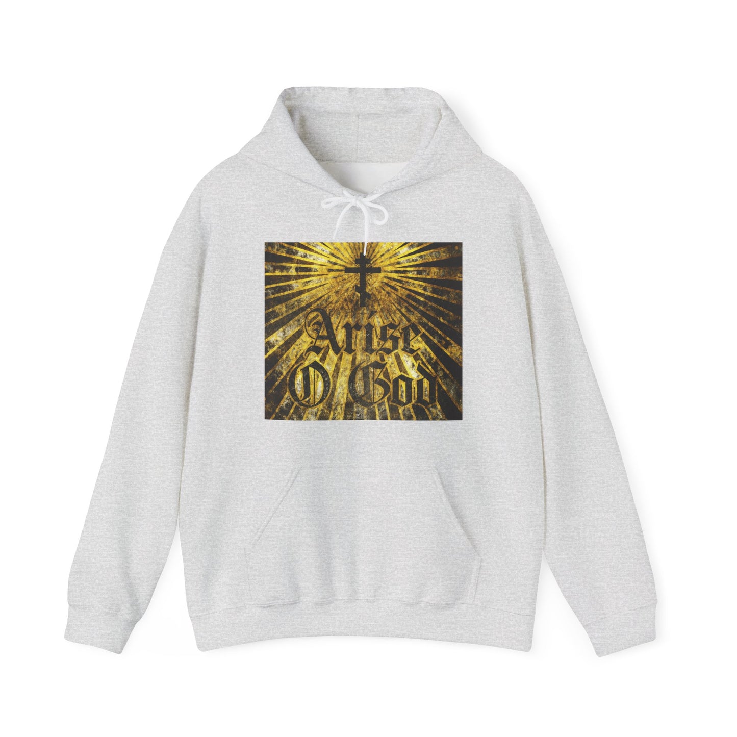 Ash hoodie featuring “Arise O God” in textured gothic font with an Orthodox cross and golden rays, inspired by Psalm 81 (82 LXX) and the Divine Council worldview. Orthodox Christian design.