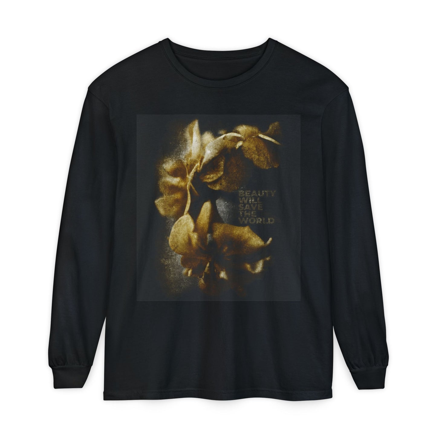 Black long-sleeve "Beauty Will Save the World" Christian shirt features original photography inspired by Dostoevsky, glorifying Jesus Christ as Universal Creator & King.