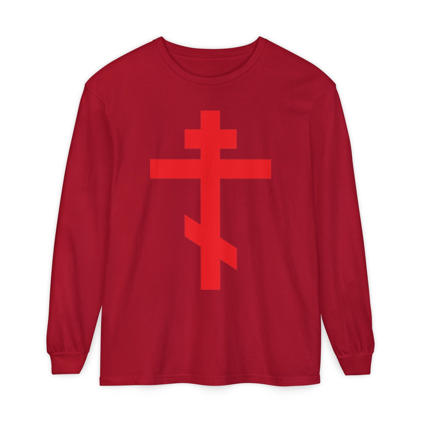 Bright red long sleeve cotton shirt featuring an Orthodox cross design and "Preserve Thy People By Thy Cross, O Lord"—inspired by St. John of Kronstadt and the Troparion of the Cross.