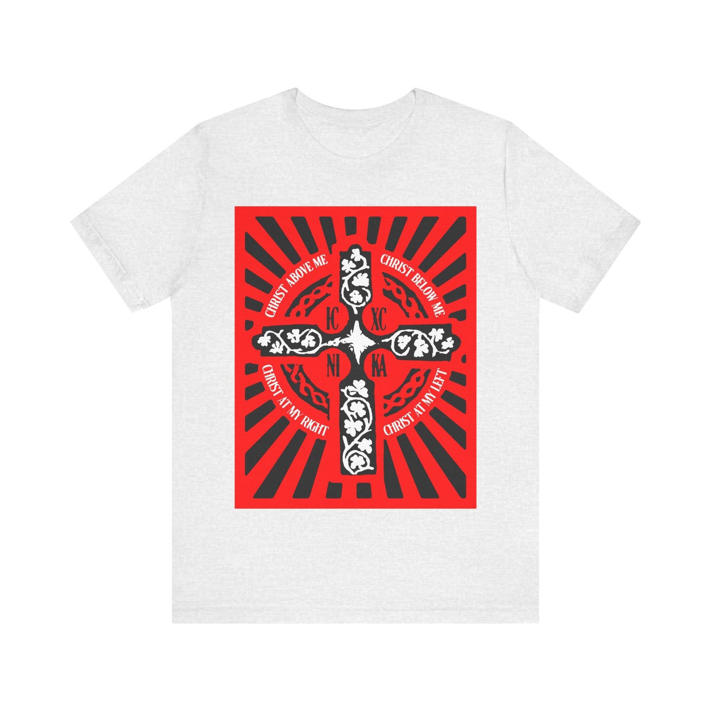Red ICXC NIKA Enniskillen Celtic Cross | Lorica of St. Patrick | Shield Prayer | Orthodox Christian Cotton T-Shirt