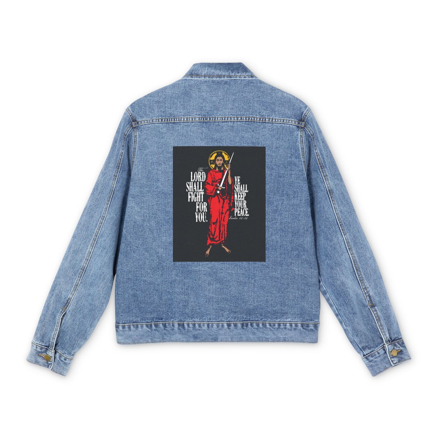 The Lord Shall Fight For You (Exodus 14:14) | Jesus Christ with Sword IconoGraphic | Orthodox Christian Blue Denim Jacket