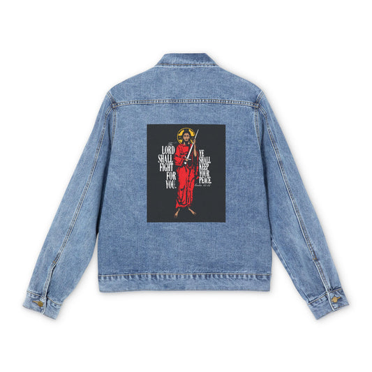The Lord Shall Fight For You (Exodus 14:14) | Jesus Christ with Sword IconoGraphic | Orthodox Christian Blue Denim Jacket