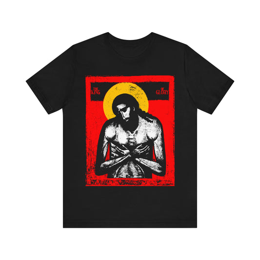 Black unisex tee, "The King of Glory Jesus Christ 'Extreme Humility' IconoGraphic" in red, yellow, white & black—Christian devotional, honoring Jesus Christ, inspired by Isaiah 53. Orthodox design.