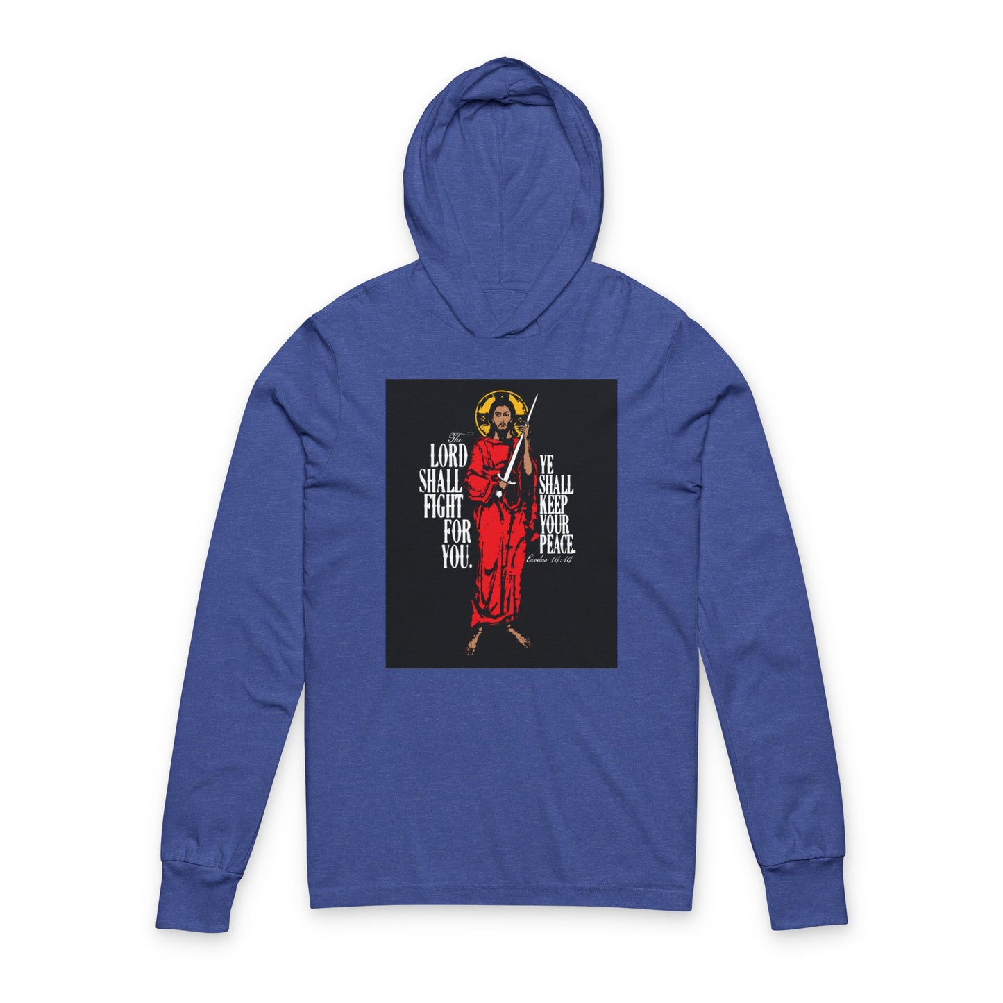 The Lord Shall Fight For You (Exodus 14:14) | Jesus Christ with Sword IconoGraphic | Orthodox Christian Long Sleeve Hooded Shirt