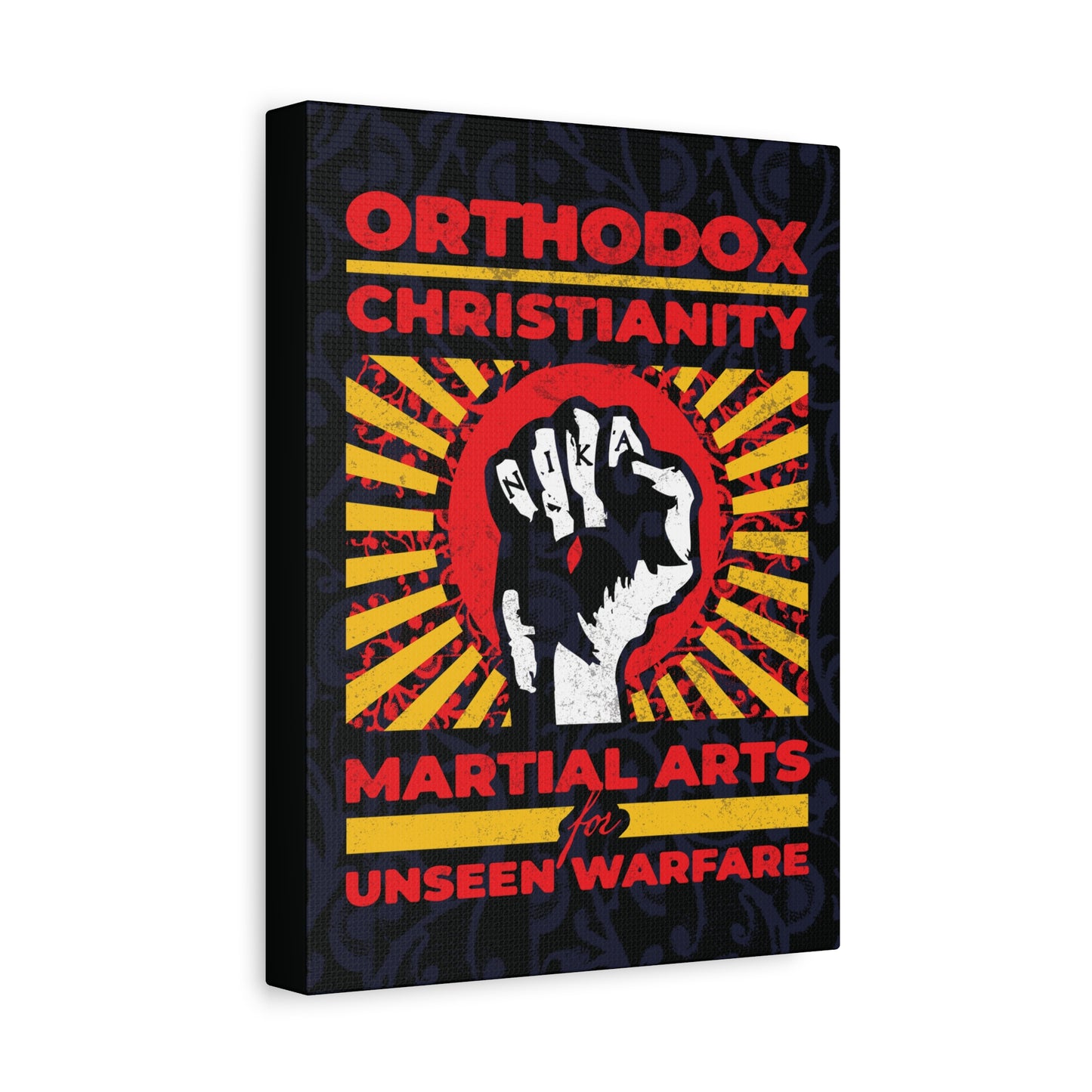 Orthodox Christianity: Martial Arts for Unseen Warfare | NIKA Jesus Fist on Colorful Sunburst Design | Orthodox Christian Canvas Art