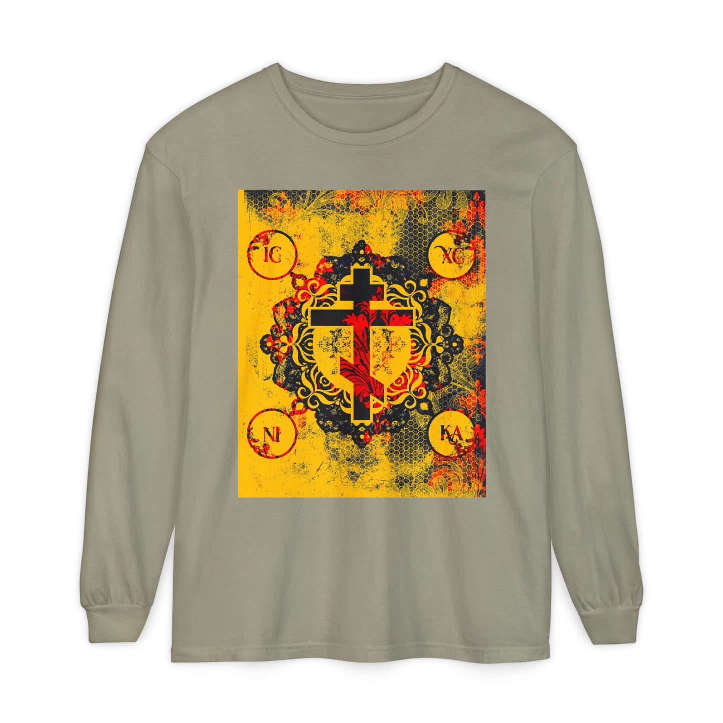 IC XC NIKA Orthodox Cross | Yellow & Red Modern & Medieval Textured Floral Design | Orthodox Christian Long Sleeve Shirt
