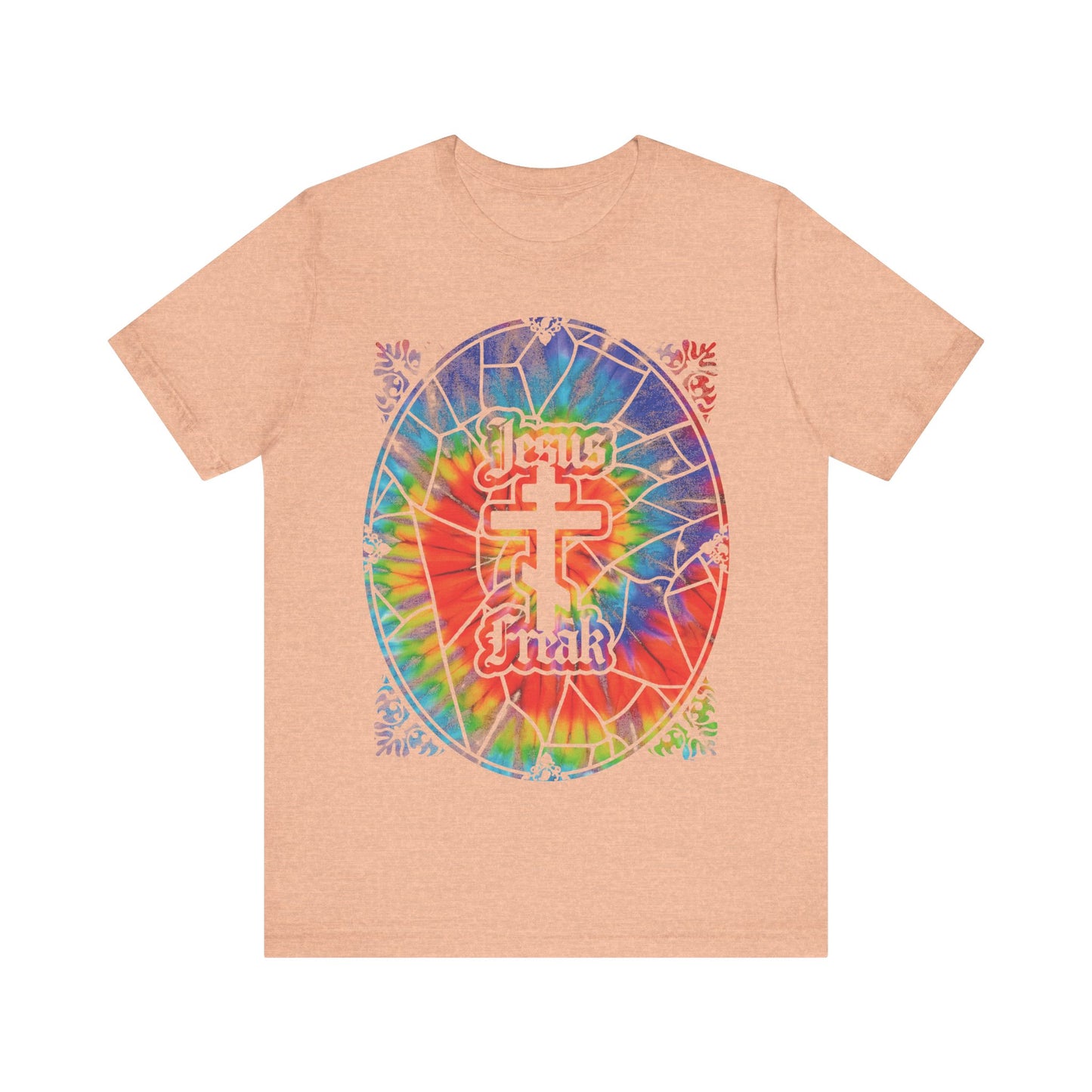 Show off your faith in style with the Jesus Freak unisex tee, featuring a tie-dyed stained glass window design and Orthodox cross inspired by the 70s Jesus Movement hippie era.
