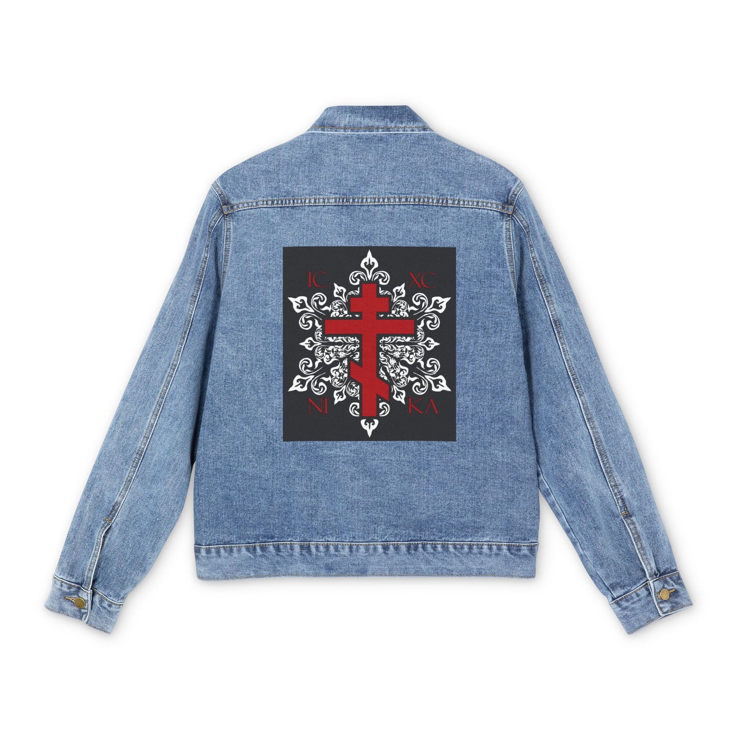 ICXC / NIKA Red Orthodox Cross on Ornate White Medieval Floral Design | Exclusive Best-Selling | Orthodox Christian Blue Denim Jacket
