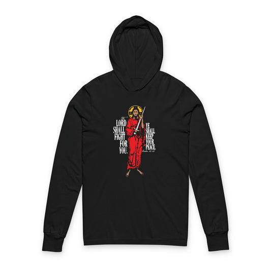 The Lord Shall Fight For You (Exodus 14:14) | Jesus Christ with Sword IconoGraphic | Orthodox Christian Long Sleeve Hooded Shirt