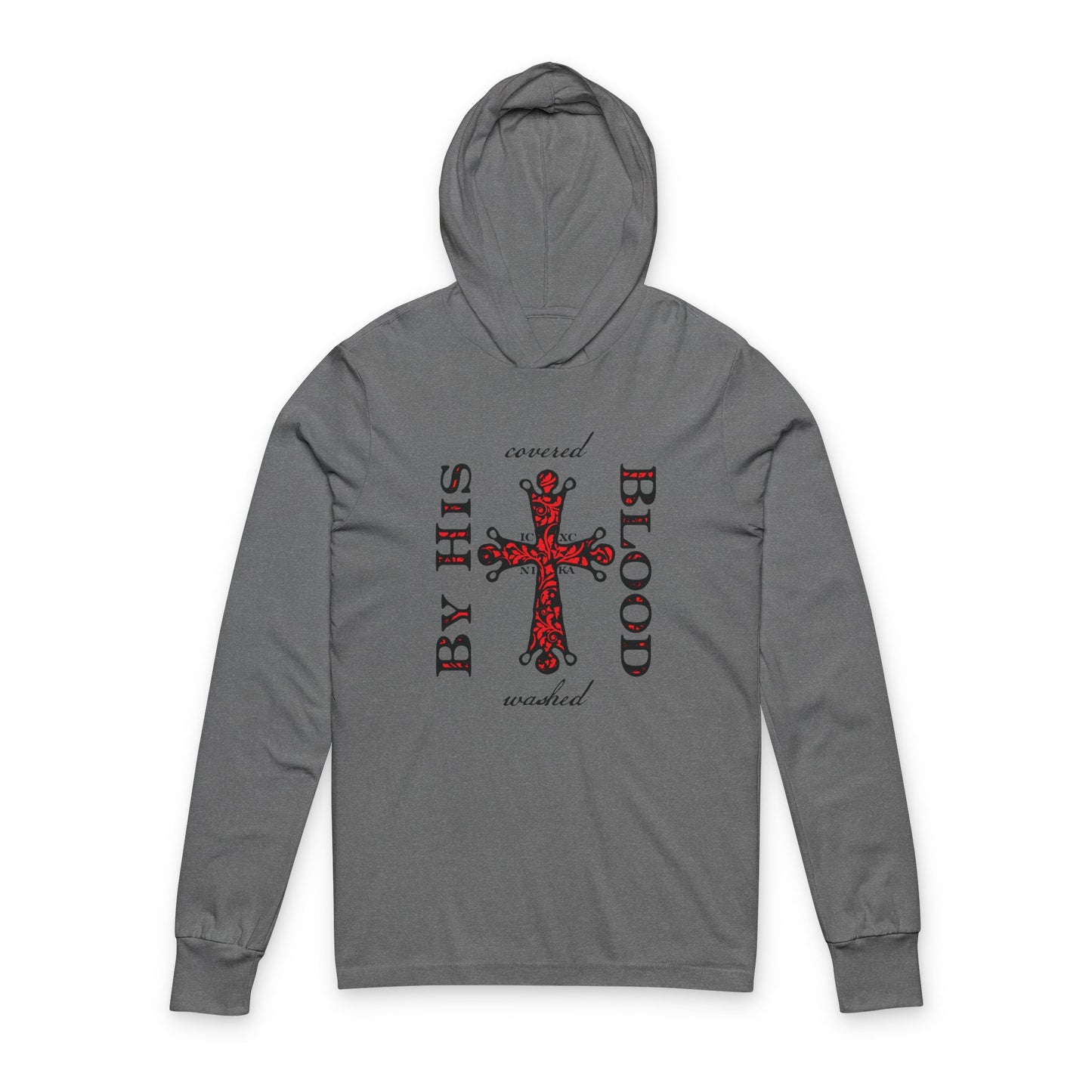 Washed/Covered By His Blood (1 John 1:7) | ICXC NIKA Ornate Red Orthodox Cross | Orthodox Long Sleeve Hooded Shirt