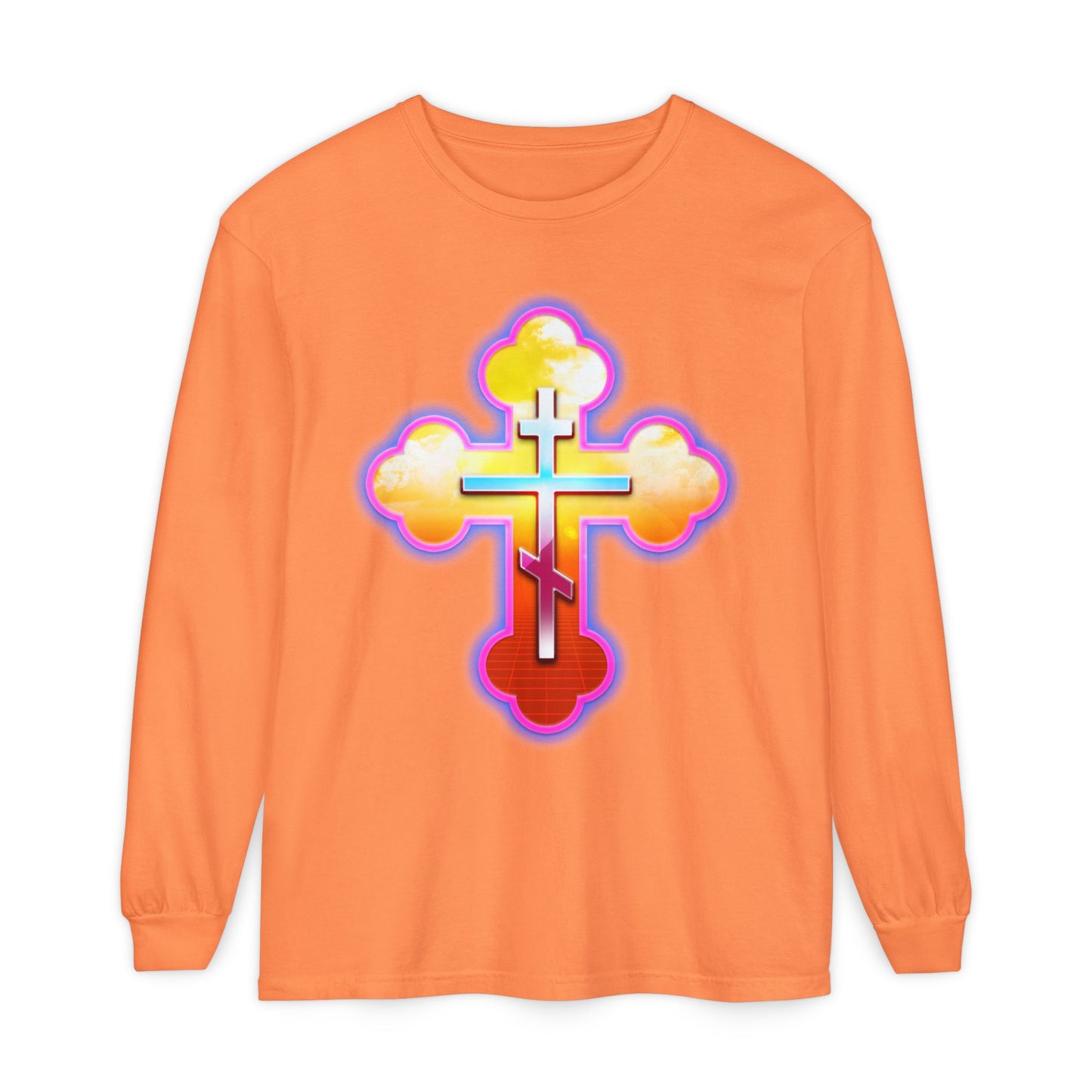 80s Synthwave Retrowave Outrun Aesthetic | Glowing & Reflective Gold & Red Three-Bar Cross | Orthodox Christian Cotton Long Sleeve Shirt