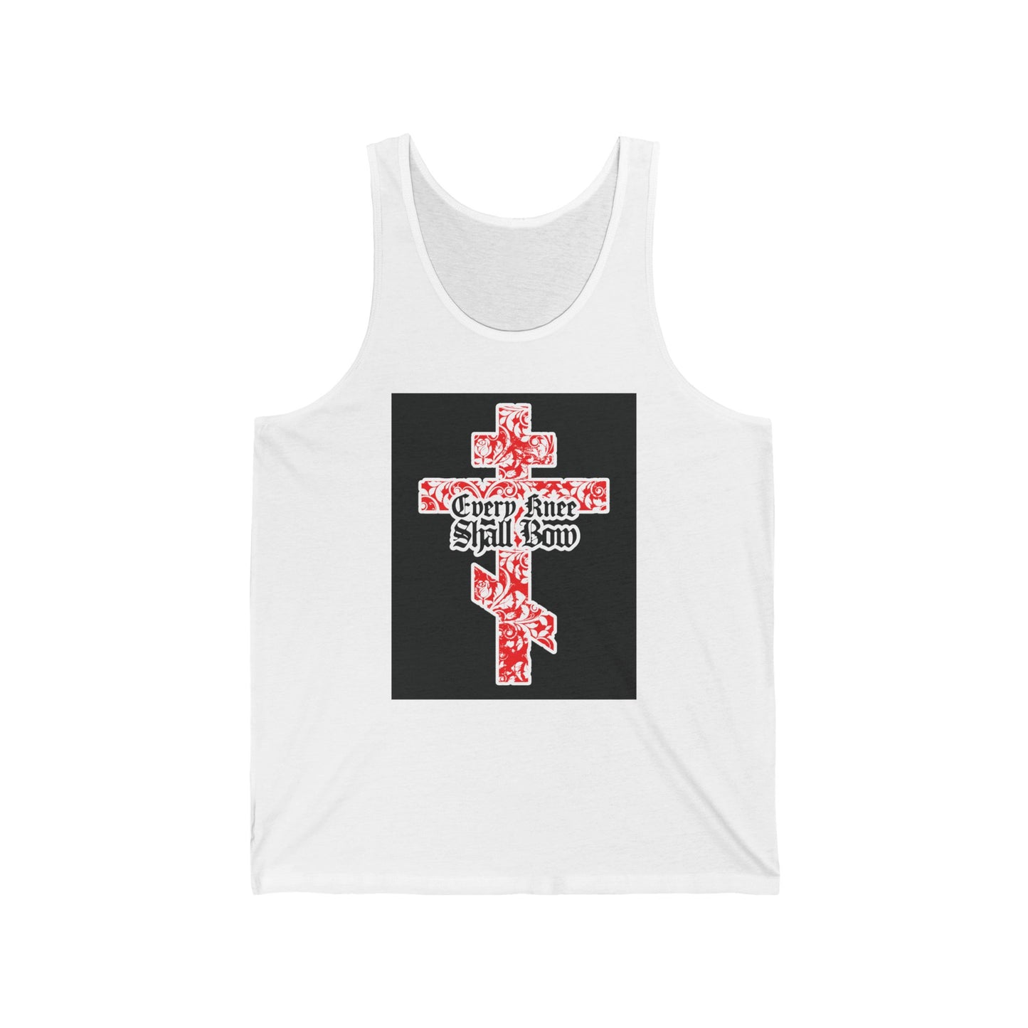 White tank top featuring a gold and red floral Orthodox cross with gothic "Every Knee Shall Bow" text, inspired by Isaiah 45:22-24 & Philippians 2:7-11—a Christian tee celebrating the promise of Jesus Christ.