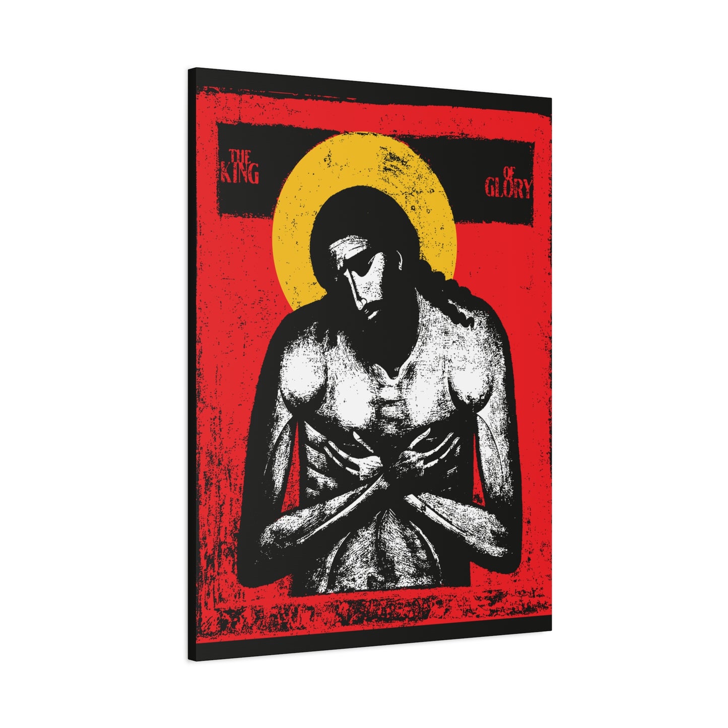 The King of Glory Jesus Christ "Extreme Humility" IconoGraphic features a stylized icon with a yellow halo, red background, and bold Christian devotional art—perfect for inspirational wall decor.