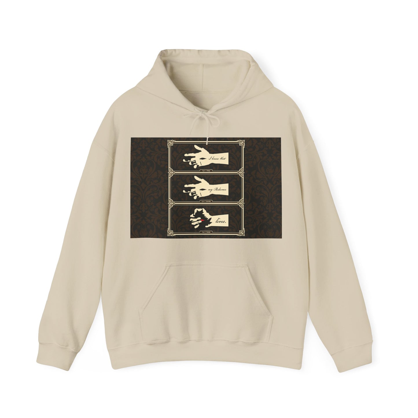 Sand-colored hoodie featuring artwork of the crucified Christ’s hand and the phrase “I Know That My Redeemer Lives” (Job 19:25), styled in earthtone Americana for an Orthodox Christian message of resurrection and hope.
