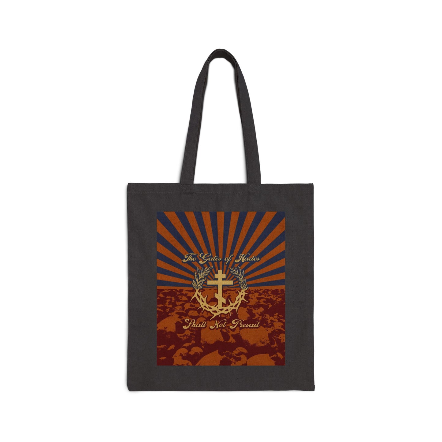 The Gates of Hades Shall Not Prevail | Cross with Wreath & Crown of Thorns | Skulls and Rays | Orthodox Christian Tote Bag
