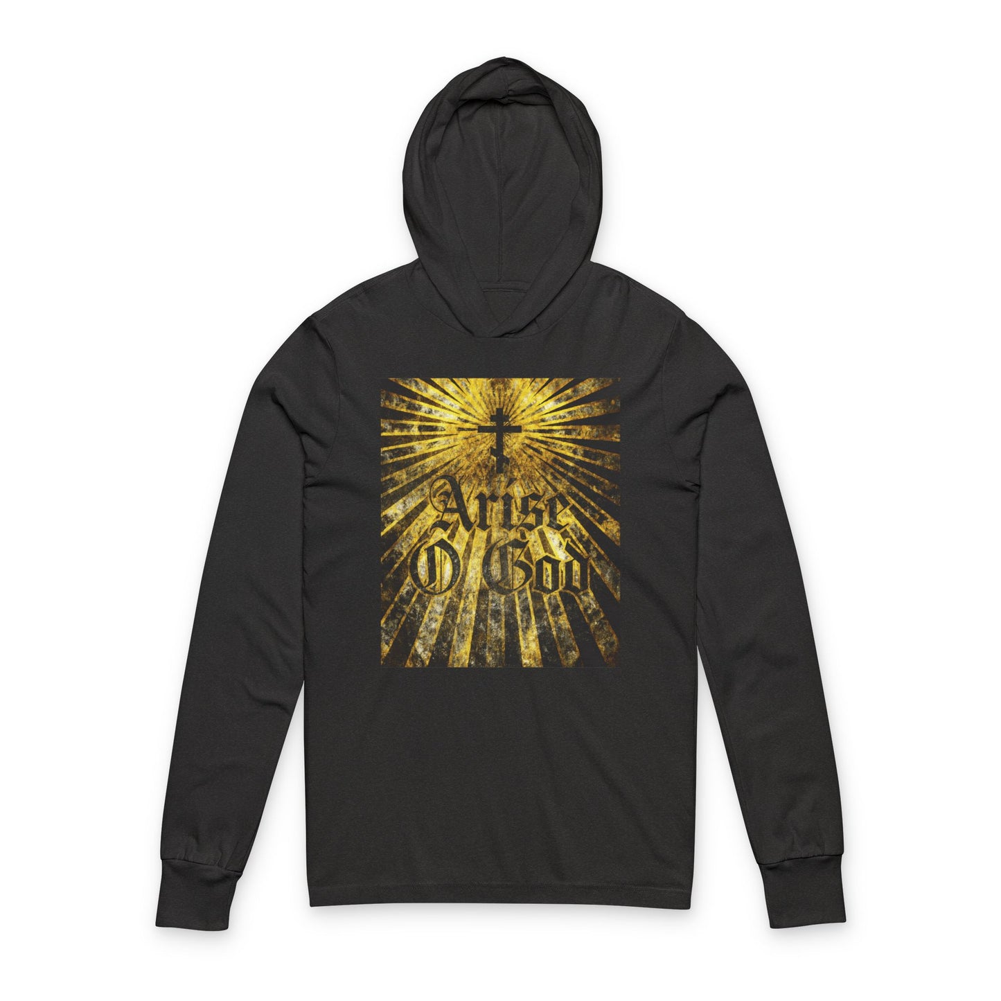 Charcoal Black TriBlend hoodie with textured Gothic "Arise O God" text, Orthodox cross, and golden rays—celebrating Psalm 81 (82 LXX) and the Divine Council worldview in an Orthodox Christian design.