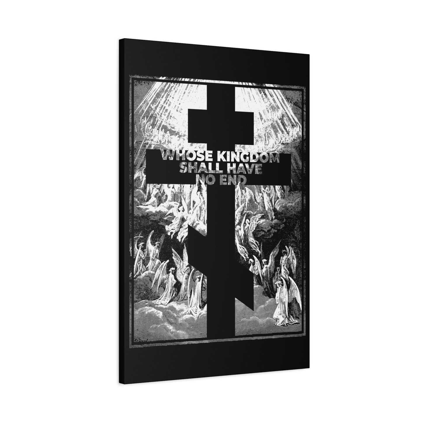 Featuring Gustave Dore’s etching, this Orthodox wall art shows a black cross over angels and the bold phrase "WHOSE KINGDOM SHALL HAVE NO END"—a line from the Nicene Creed that inspires faith and hope.