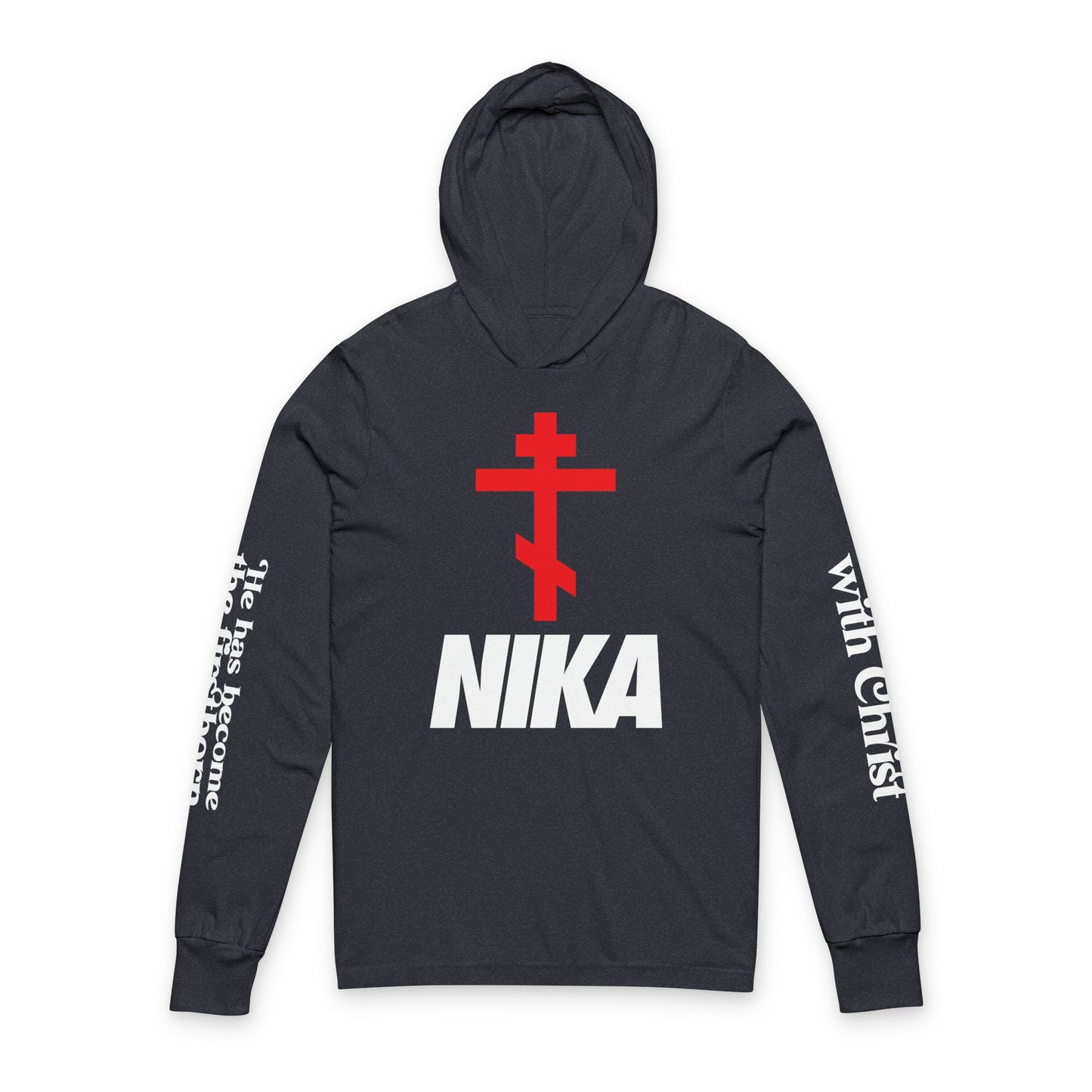 NIKA Orthodox Cross NIKE Logo Mashup | Crucified With Christ | Firstborn of the Dead | Sleeve Prints | Orthodox Long Sleeve Hooded Shirt