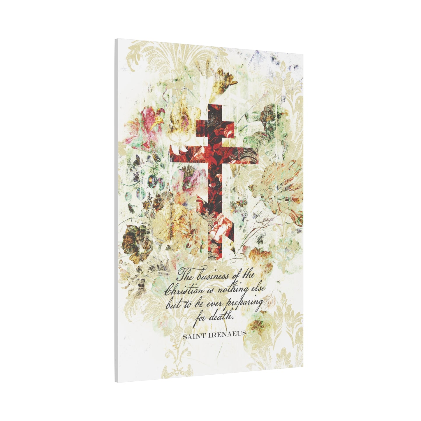 Preparing For Death | White & Beige Floral Scrapbook Texture Cross | Arts & Crafts Style | St Irenaeus | Orthodox Christian Canvas Art