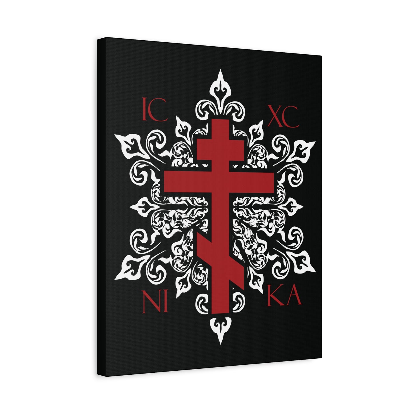 ICXC / NIKA Red Orthodox Cross on Ornate White Medieval Floral Design | Exclusive Best-Selling | Orthodox Christian Canvas Art