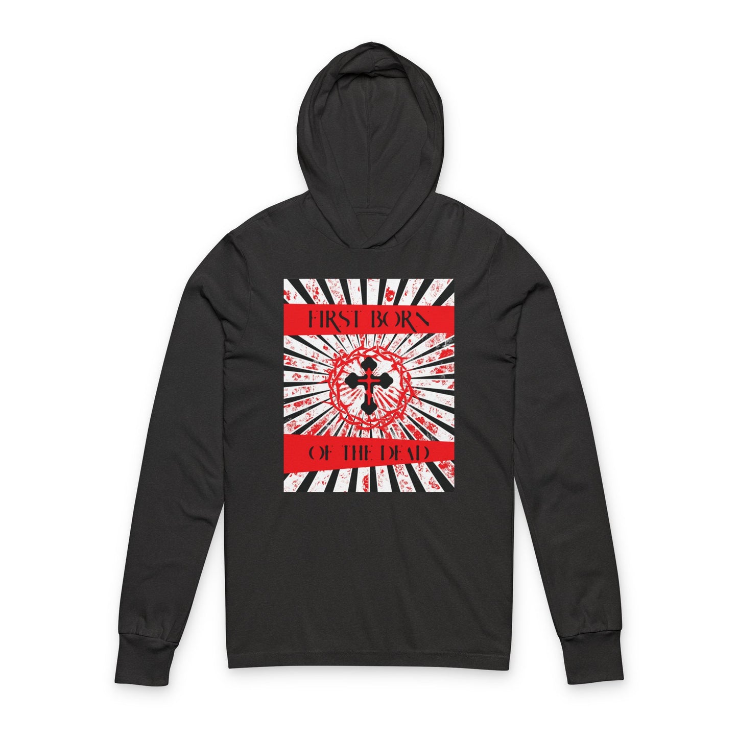 First Born of the Dead | Orthodox Cross and Crown of Thorns | Red White & Black Design with Rays | Orthodox Long Sleeve Hooded Shirt
