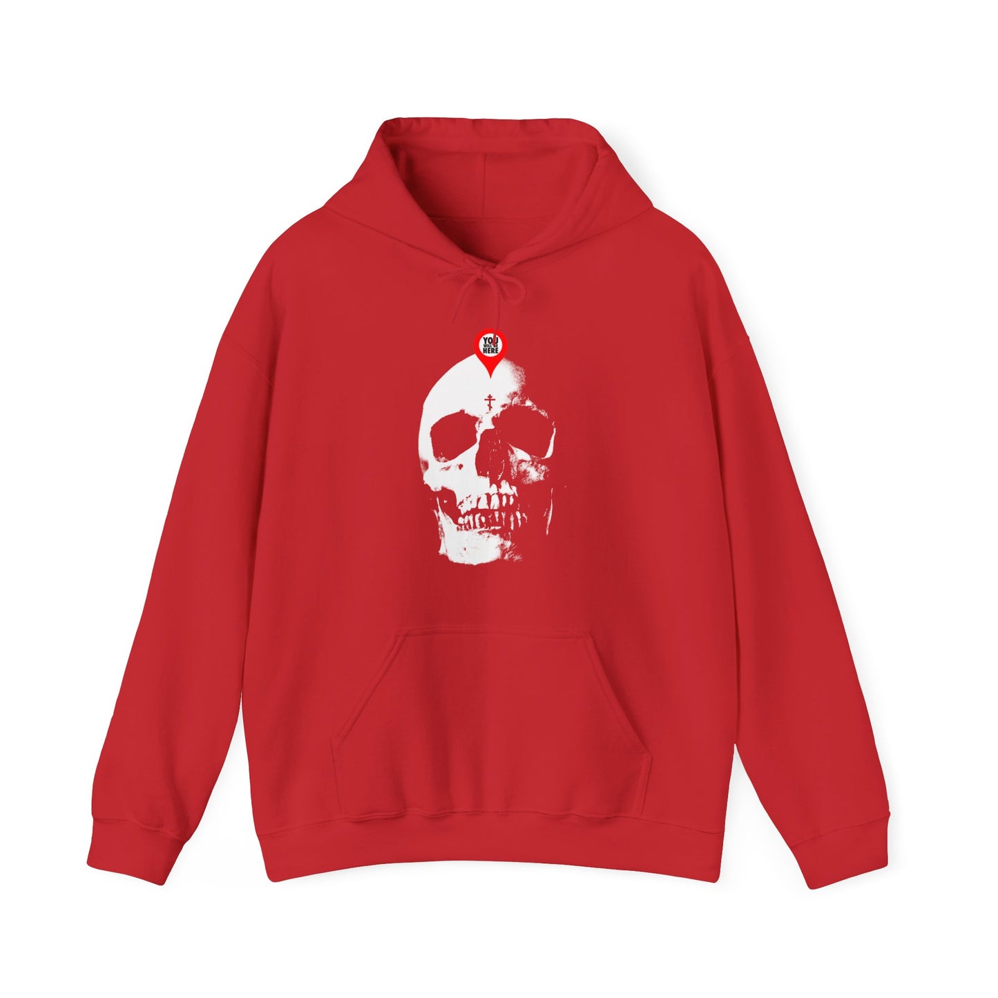 Red "You Will Be Here" hoodie features a large white skull with a map marker and the phrase "What You Are I Once Was." Inspired by Orthodox Christian memento mori, it's a bold reminder of mortality.